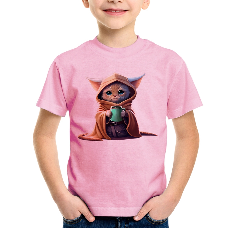 Camiseta Infantil Gato Jedi - Rosa Bebê