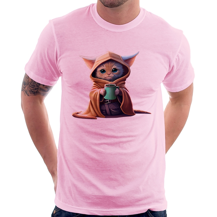 Camiseta Gato Jedi - Rosa Bebê