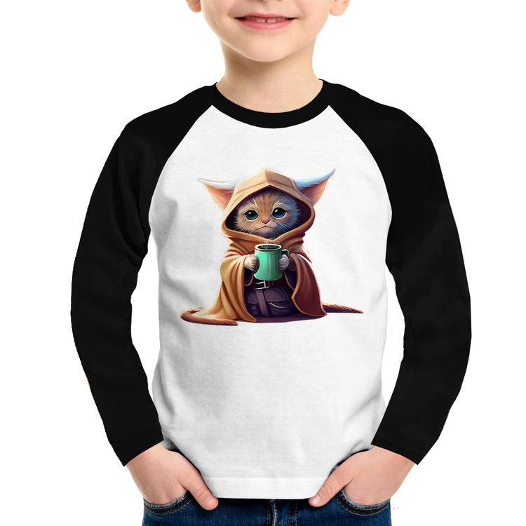 Camiseta Raglan Infantil Gato Jedi Manga Longa