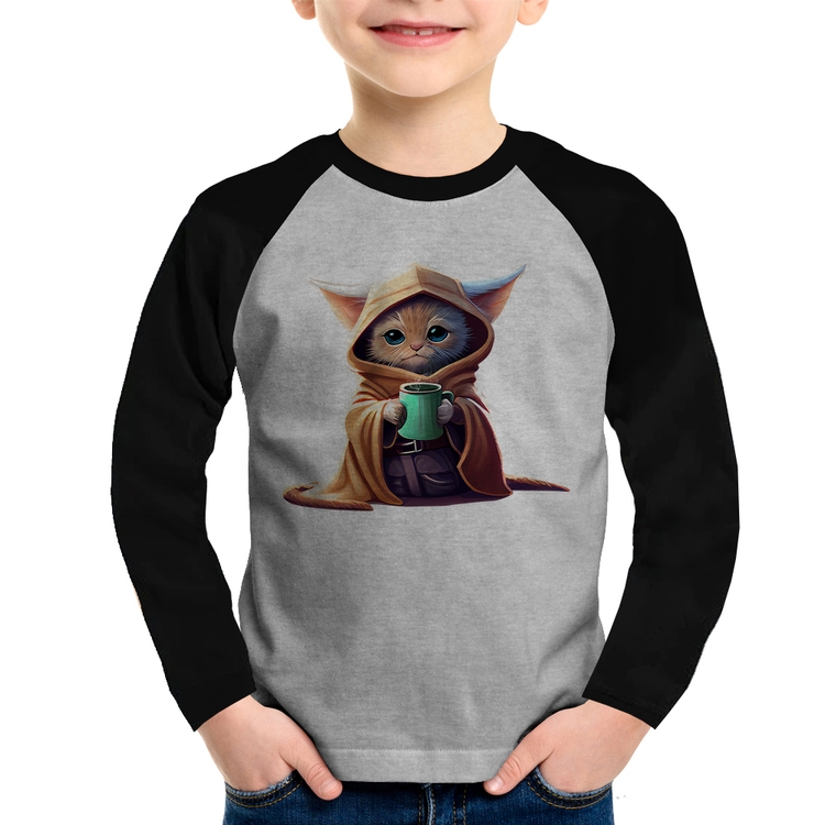 Camiseta Raglan Infantil Gato Jedi Manga Longa - Cinza/Preto