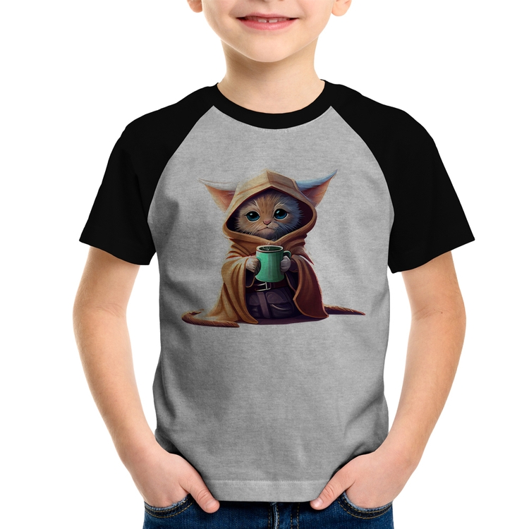 Camiseta Raglan Infantil Gato Jedi - Cinza/Preto