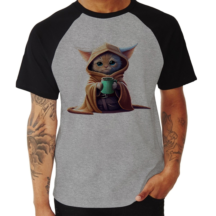 Camiseta Raglan Gato Jedi - Cinza/Preto