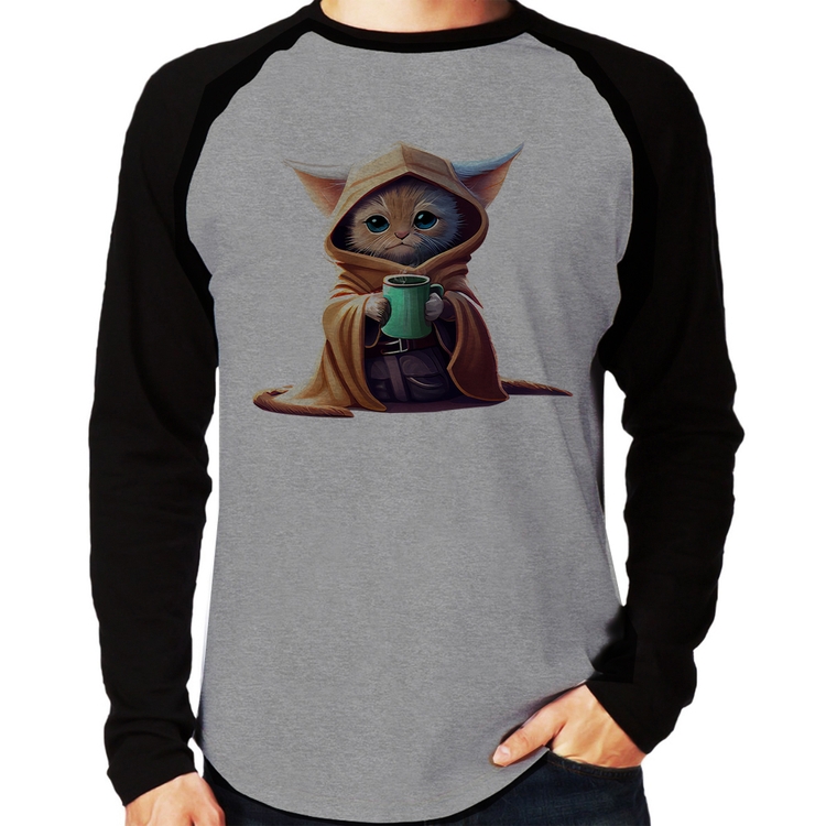 Camiseta Raglan Gato Jedi Manga Longa - Cinza/Preto