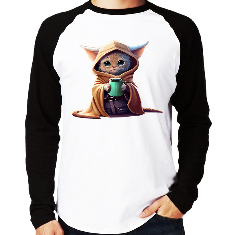 Camiseta Raglan Gato Jedi Manga Longa