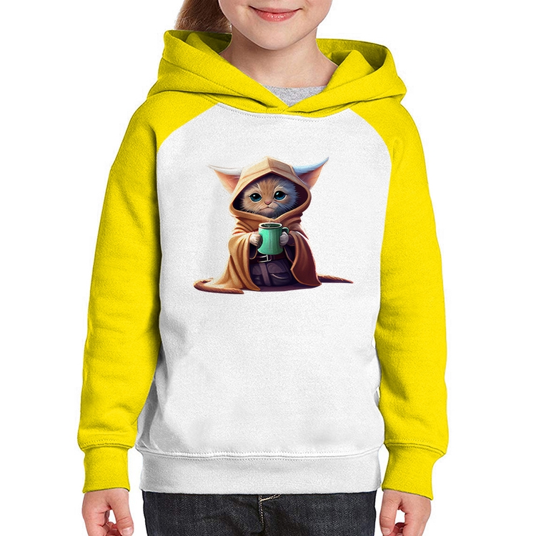 Moletom Infantil Gato Jedi - Branco/Amarelo