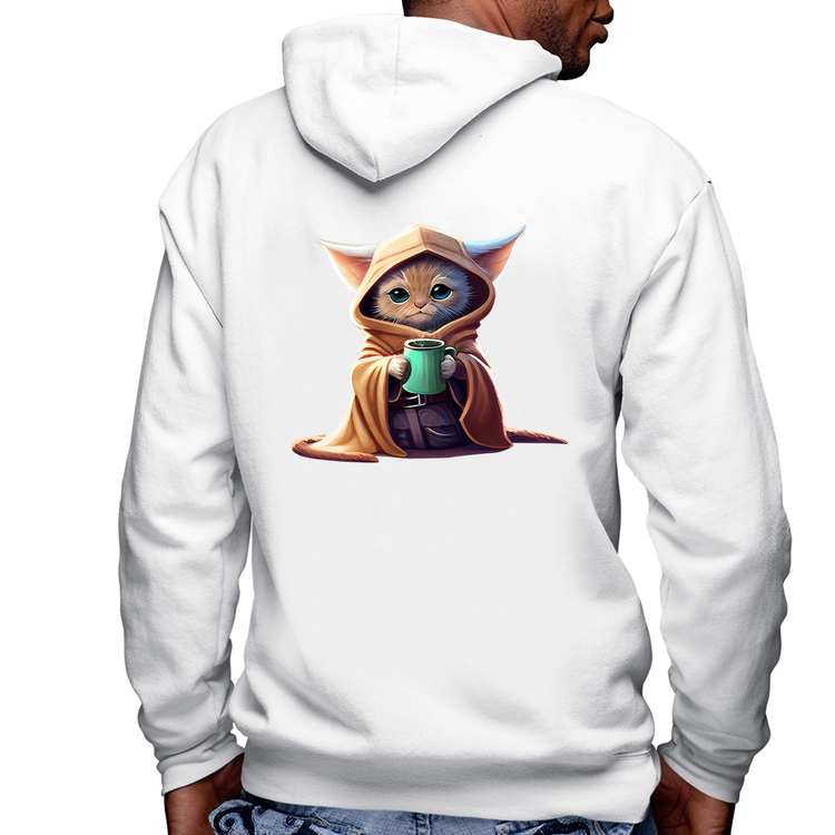Blusa Moletom Gato Jedi Masculina com Capuz e Zíper - Branca
