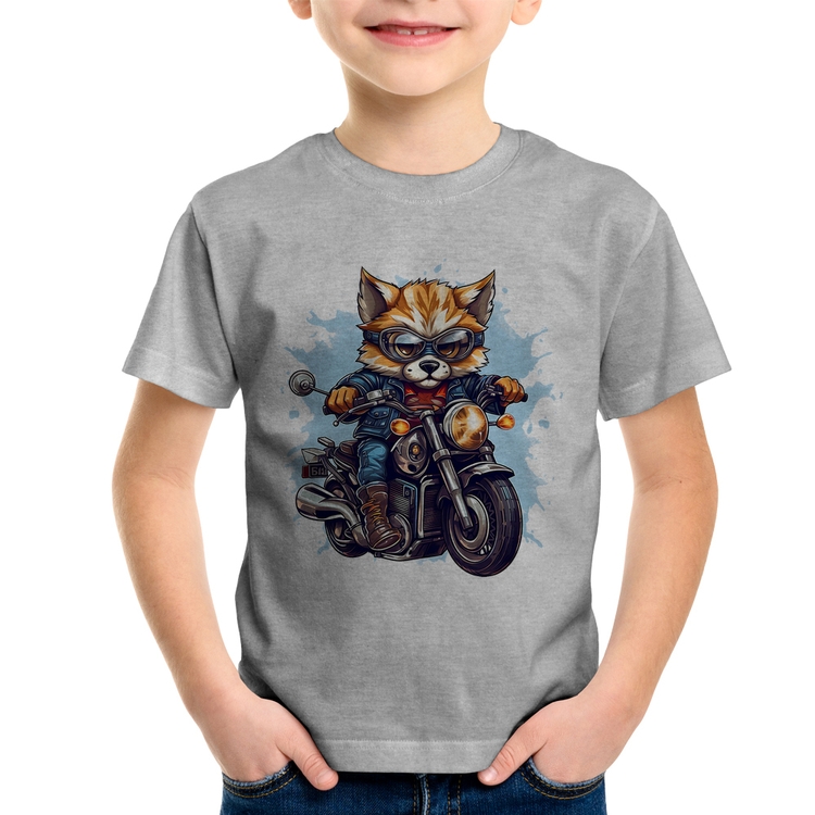 Camiseta Infantil Motoqueiro Raposa - Cinza