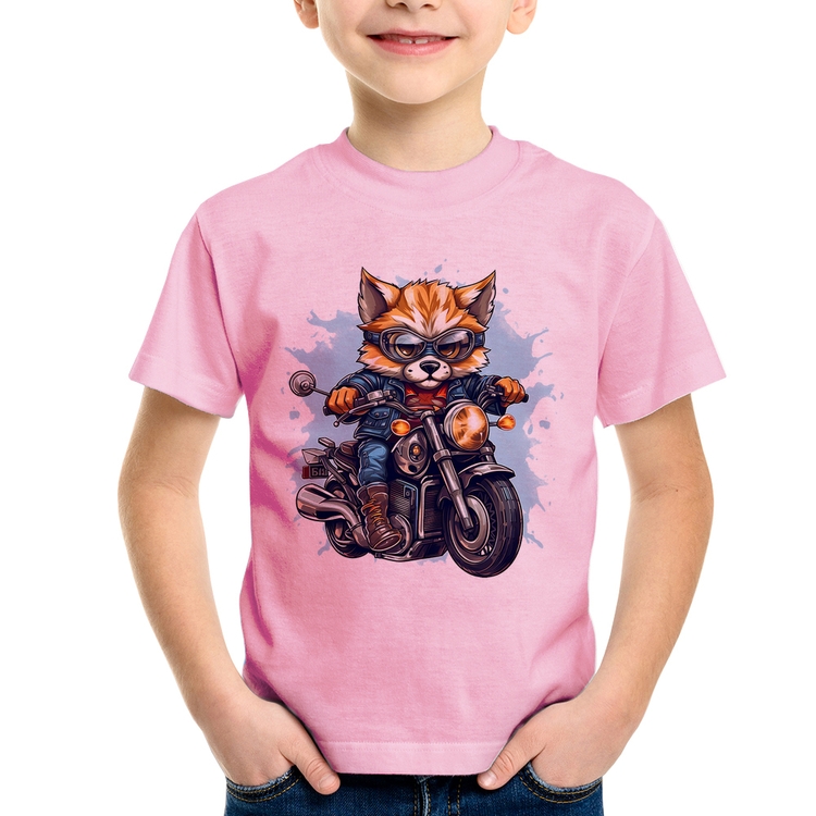 Camiseta Infantil Motoqueiro Raposa - Rosa Bebê