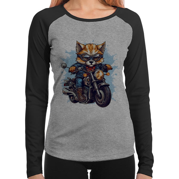 Baby Look Raglan Motoqueiro Raposa Manga Longa - Cinza/Preto