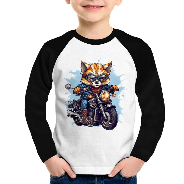 Camiseta Raglan Infantil Motoqueiro Raposa Manga Longa