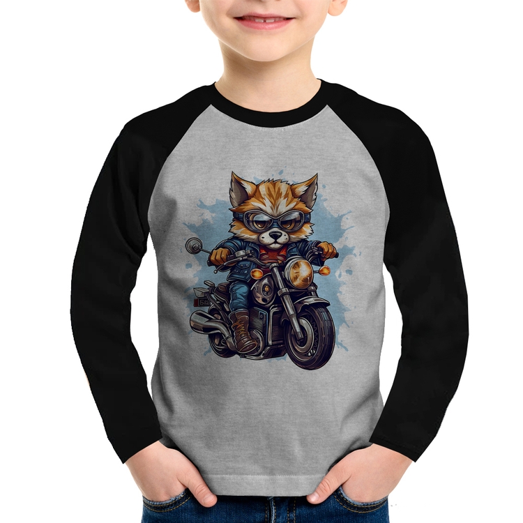 Camiseta Raglan Infantil Motoqueiro Raposa Manga Longa - Cinza/Preto