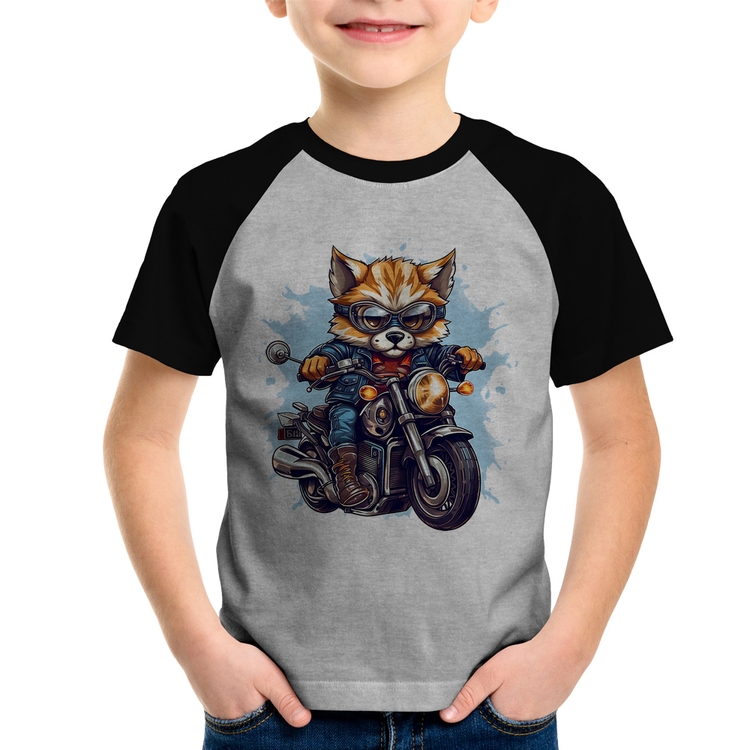 Camiseta Raglan Infantil Motoqueiro Raposa - Cinza/Preto