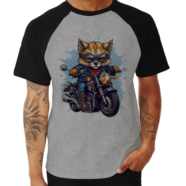 Camiseta Raglan Motoqueiro Raposa - Cinza/Preto