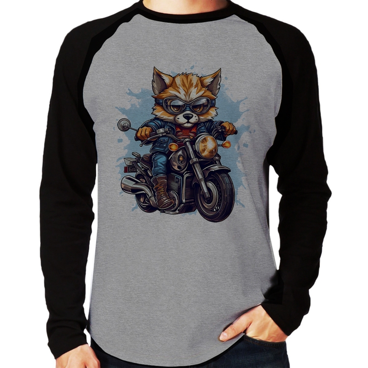 Camiseta Raglan Motoqueiro Raposa Manga Longa - Cinza/Preto