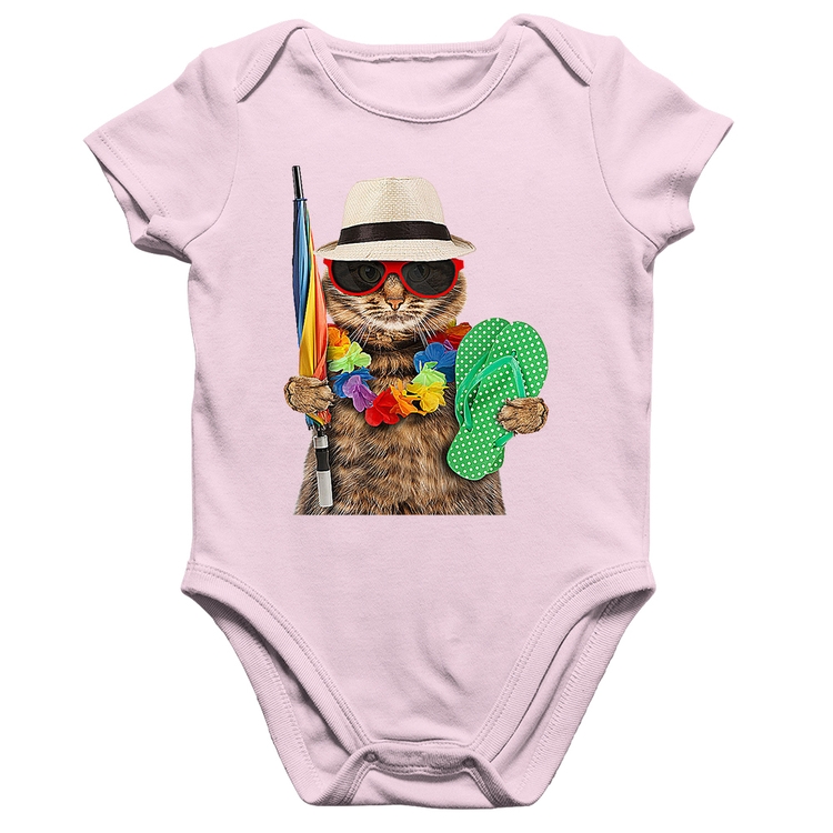 Body Bebê Algodão Gato nas Férias - Rosa Bebê