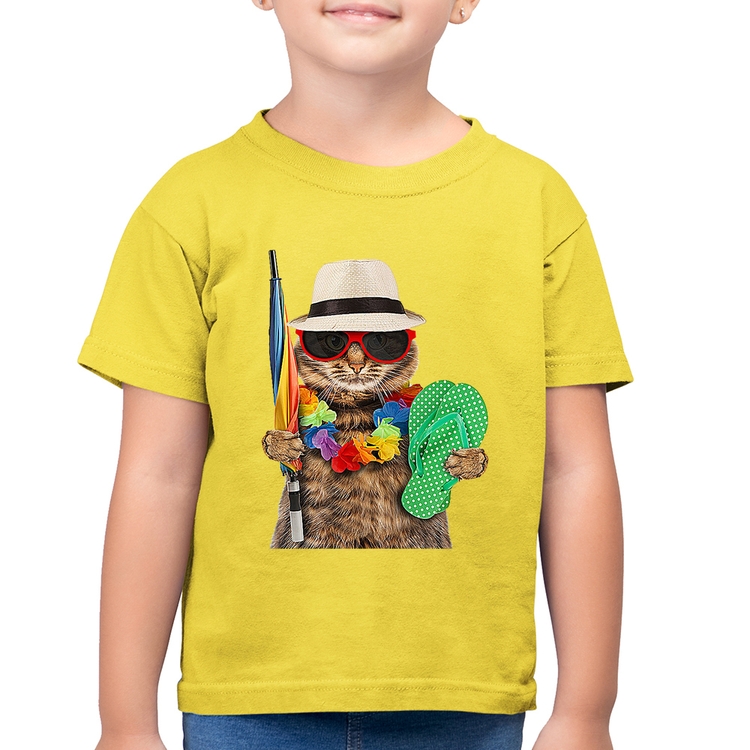 Camiseta Algodão Infantil Gato nas Férias - Amarelo Canário