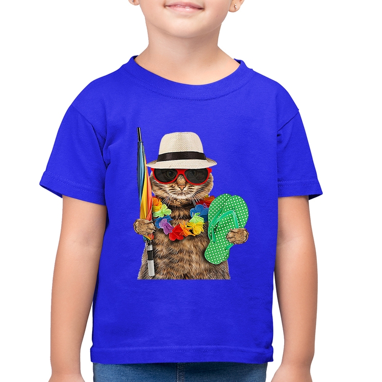 Camiseta Algodão Infantil Gato nas Férias - Azul Royal