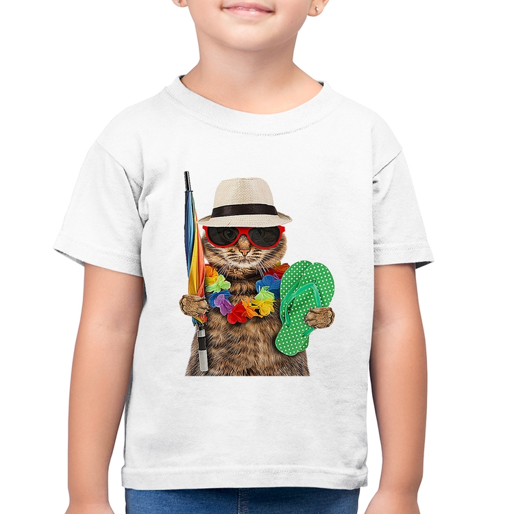 Camiseta Algodão Infantil Gato nas Férias - Branca