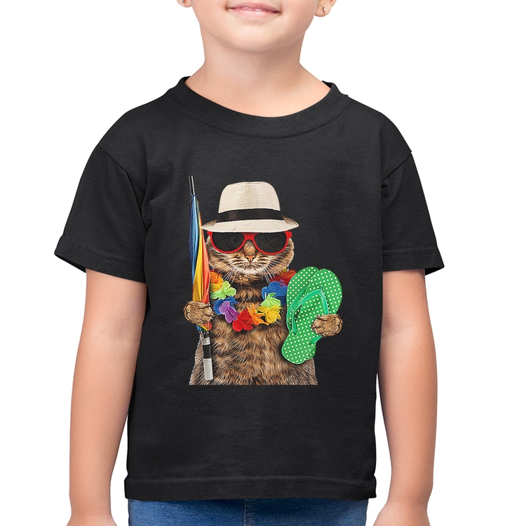 Camiseta Algodão Infantil Gato nas Férias