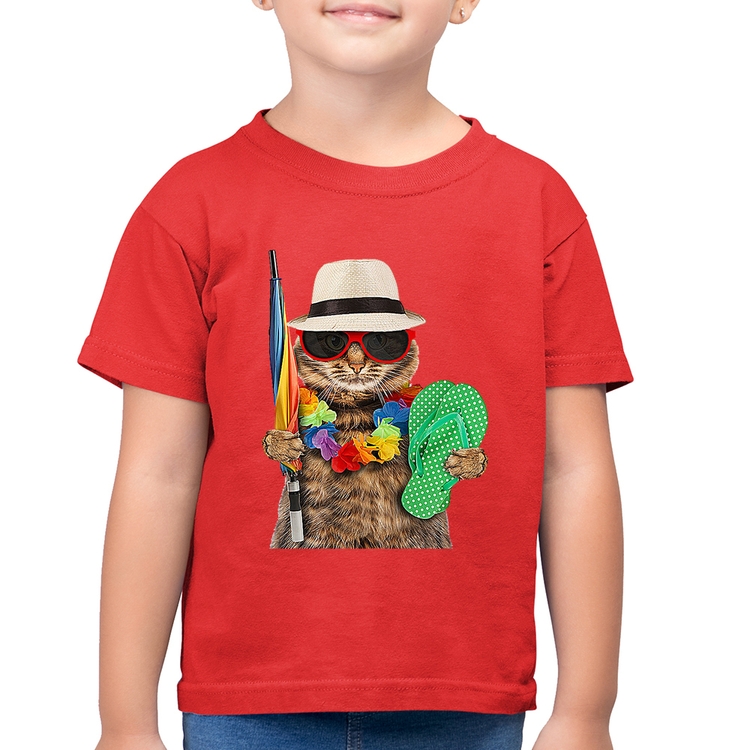 Camiseta Algodão Infantil Gato nas Férias - Vermelha