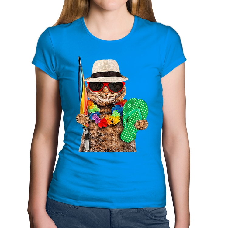 Baby Look Algodão Gato nas Férias - Azul