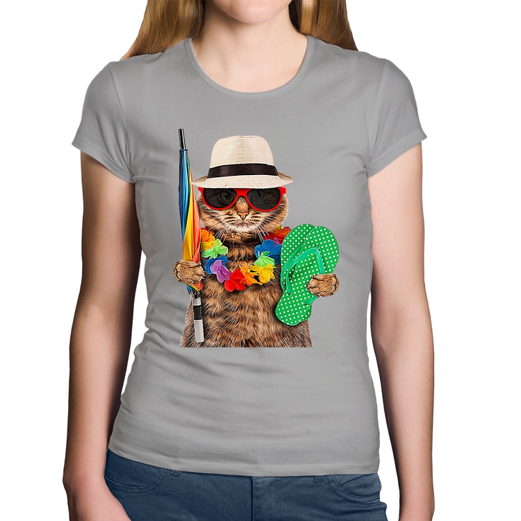 Baby Look Algodão Gato nas Férias - Cinza