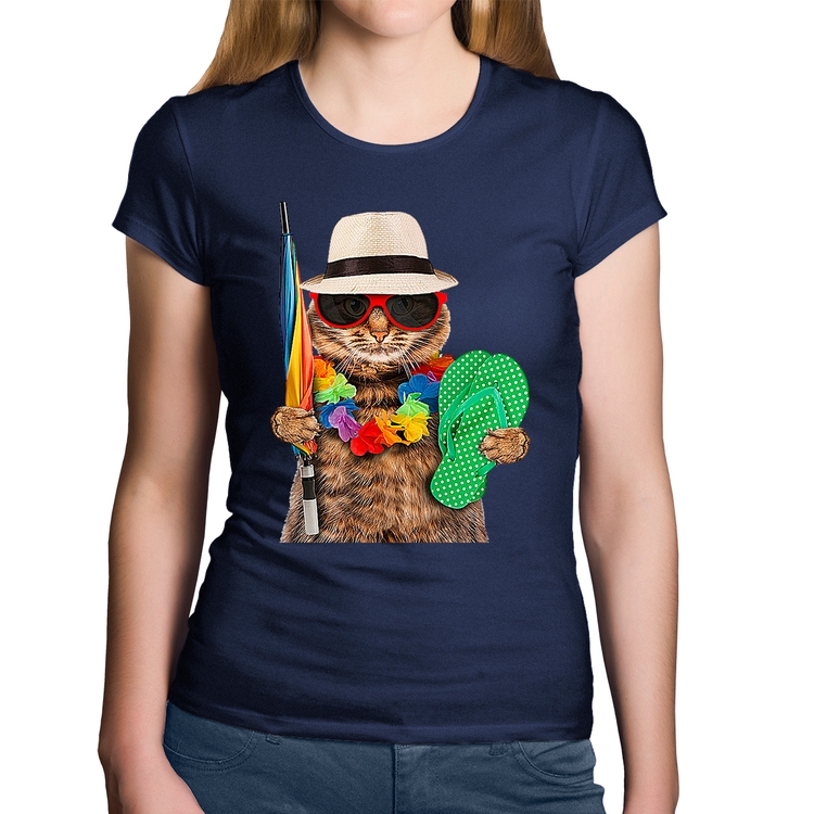 Baby Look Algodão Gato nas Férias - Marinho