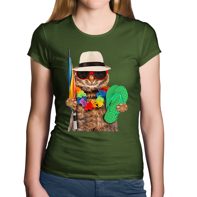 Baby Look Algodão Gato nas Férias - Musgo