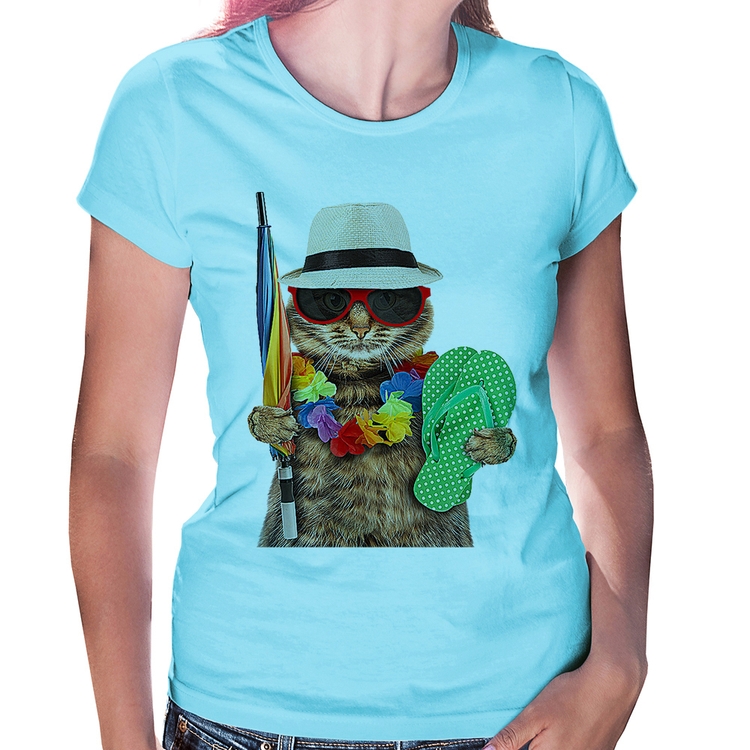 Baby Look Gato nas Férias - Azul Bebê