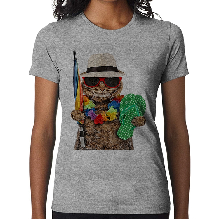 Baby Look Gato nas Férias - Cinza