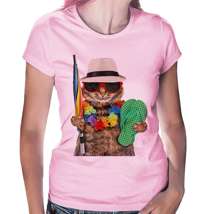 Baby Look Gato nas Férias - Rosa Bebê