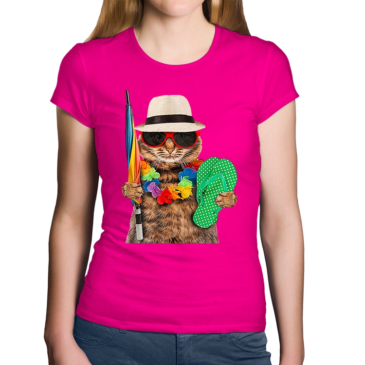 Baby Look Algodão Gato nas Férias - Rosa