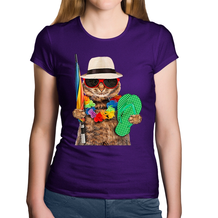 Baby Look Algodão Gato nas Férias - Roxa