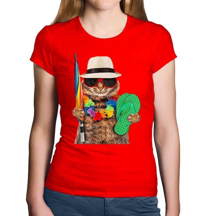 Baby Look Algodão Gato nas Férias - Vermelha