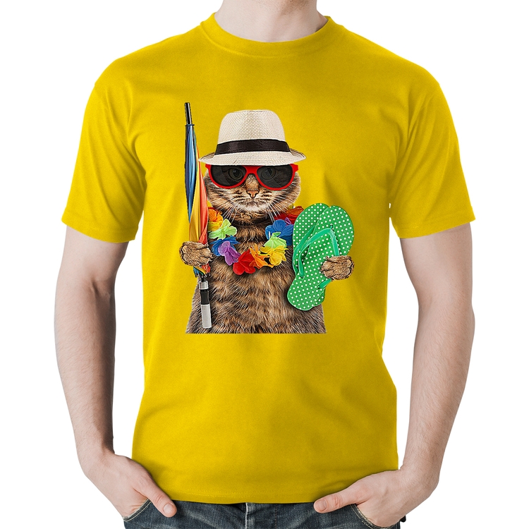 Camiseta Algodão Gato nas Férias - Amarela