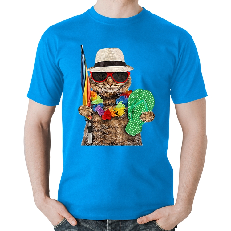 Camiseta Algodão Gato nas Férias - Azul