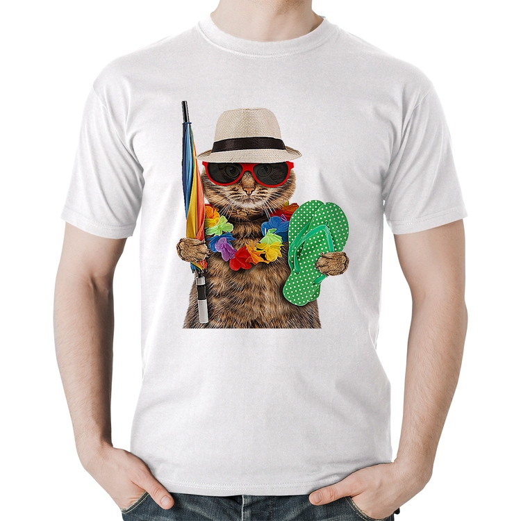 Camiseta Algodão Gato nas Férias - Branca