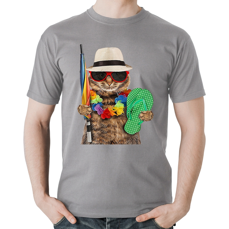 Camiseta Algodão Gato nas Férias - Cinza