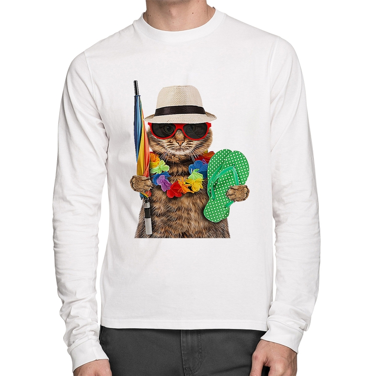 Camiseta Algodão Gato nas Férias Manga Longa - Branca