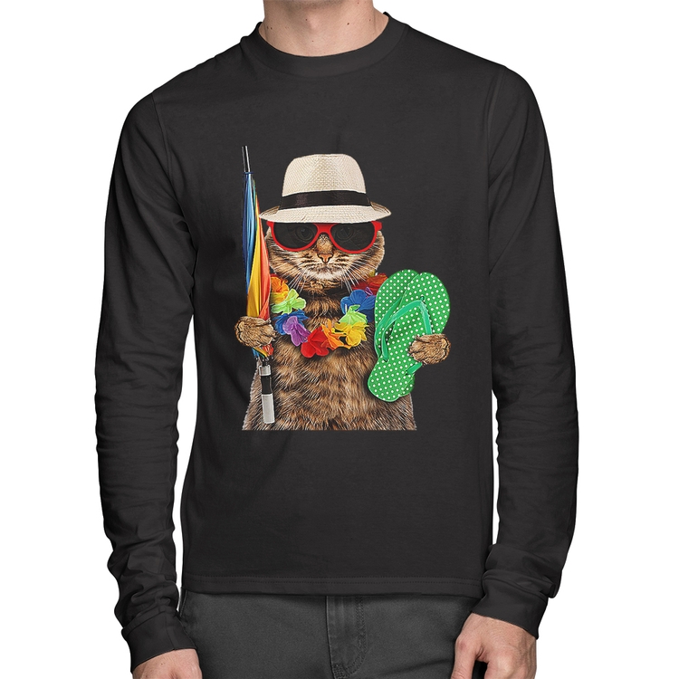 Camiseta Algodão Gato nas Férias Manga Longa