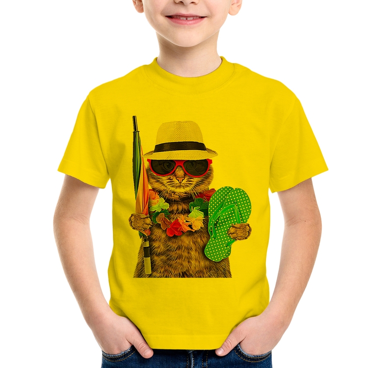 Camiseta Infantil Gato nas Férias - Amarela