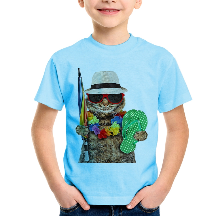 Camiseta Infantil Gato nas Férias - Azul Bebê