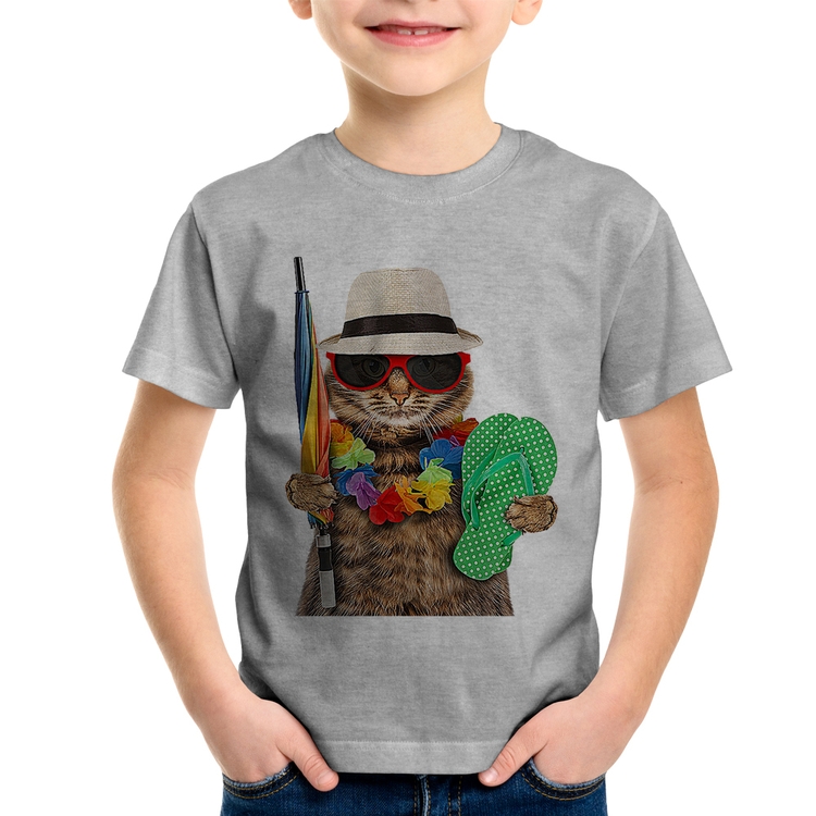 Camiseta Infantil Gato nas Férias - Cinza