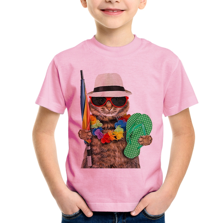Camiseta Infantil Gato nas Férias - Rosa Bebê