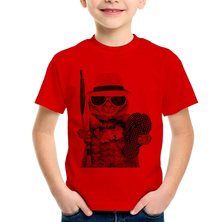 Camiseta Infantil Gato nas Férias - Vermelha