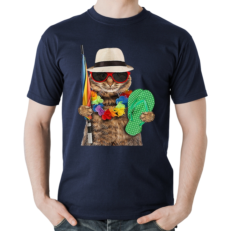 Camiseta Algodão Gato nas Férias - Marinho