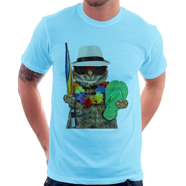 Camiseta Gato nas Férias - Azul Bebê