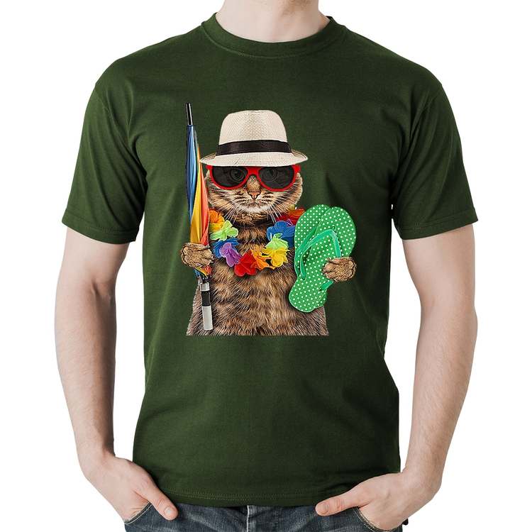 Camiseta Algodão Gato nas Férias - Musgo