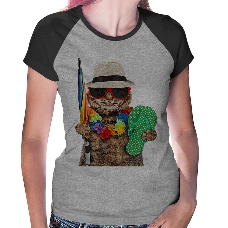 Baby Look Raglan Gato nas Férias - Cinza/Preto