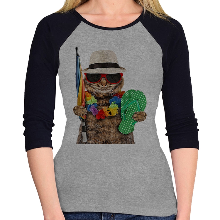 Baby Look Raglan Gato nas Férias Manga 3/4 - Cinza/Preto